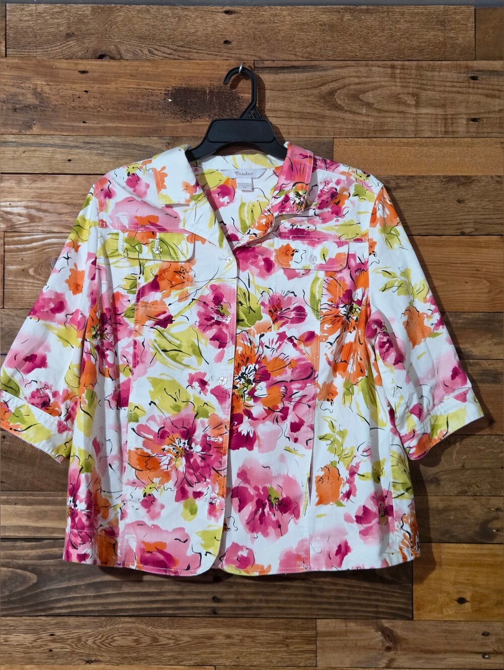 Floral Shacket Womens 18W Cotton Stretch 3/4 Sleeve Casual Resort Garden Party